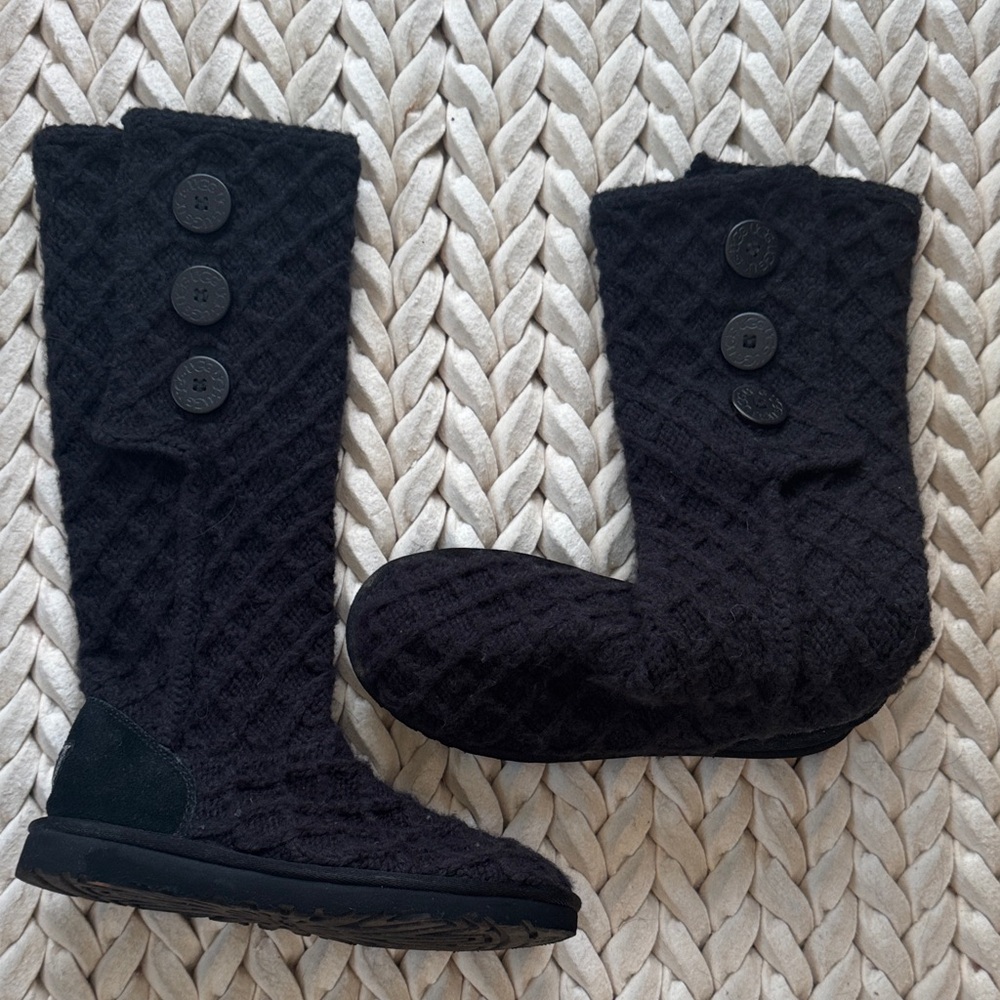 UGG Black Quilted Knit Button-Accent Mid-Calf Boots